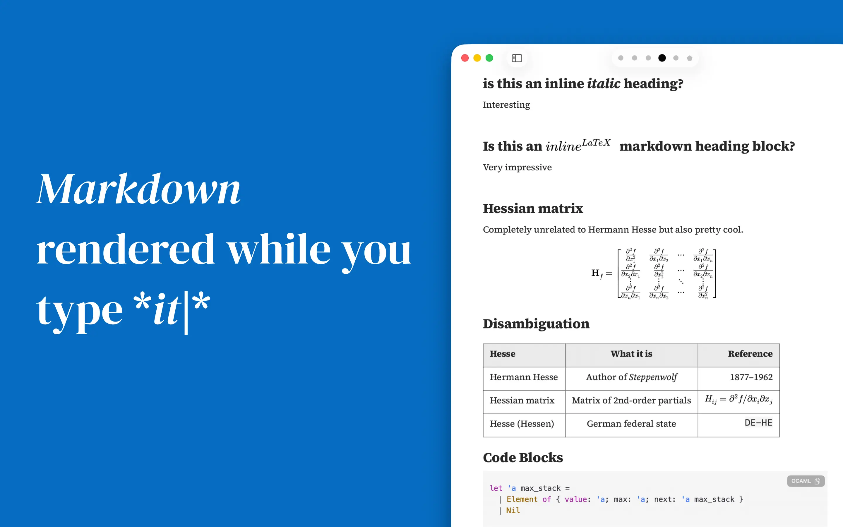 Markdown rendered in the editor: headers, lists and a code block.
