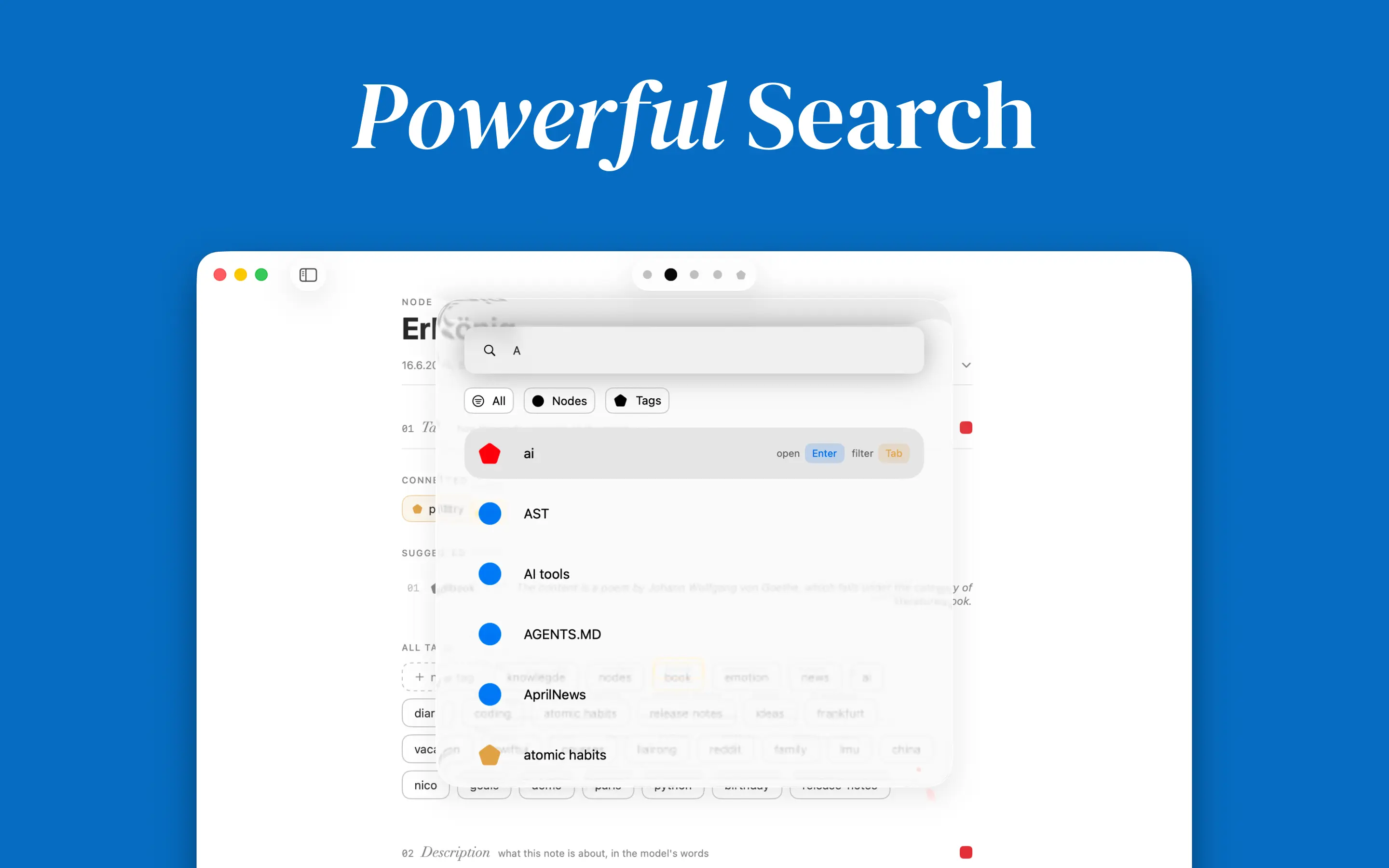 Search across the library, with results narrowing as you type.